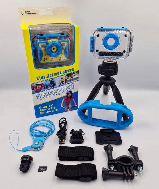 Kindercamera ‘Cool Blue’ - Fototoestel voor Kinderen met Selfie Modus - HD 1080p Video & 8 MP Camera - 32GB Micro SD Kaart - Schokbestendig & Waterdicht Kinderfototoestel - Vlog Camera - Alternatief VTech Kidizoom - Action Camera