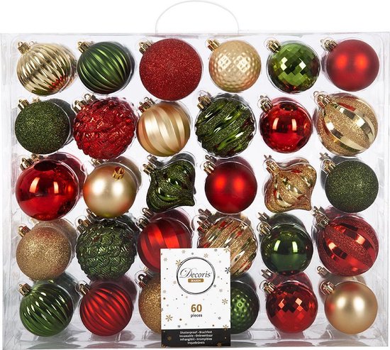 60x Kerstbal Rood Groen Goud - kunststof kerstballen 6/7 cm - Glans - Onbreekbare plastic kerstballen - Kerstboomversiering