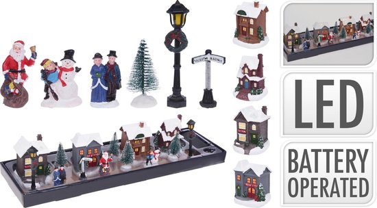 Kerstdorp - Kersthuisjes met ledverlichting - Dorp met led - Kerstfiguren - Kerstboompjes - Set van 14 onderdelen - B/O