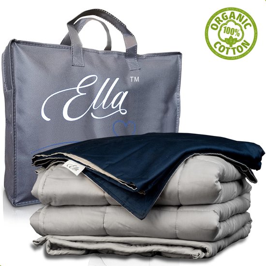 Ella XL Verzwaringsdeken Katoen 13 kg 200 x 220 cm - Bundel met Hoes - Verzwaarde deken Incl. Grijs & Blauw Biologisch Katoenen Overtrek