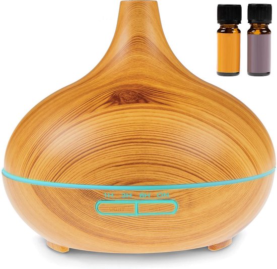 LifeGoods Aroma Diffuser 300ML - Luchtbevochtiger voor Aromatherapie - 7 LED Kleuren - Incl. 2x Etherische Olie - Woodgrain Hout Design - Bruin