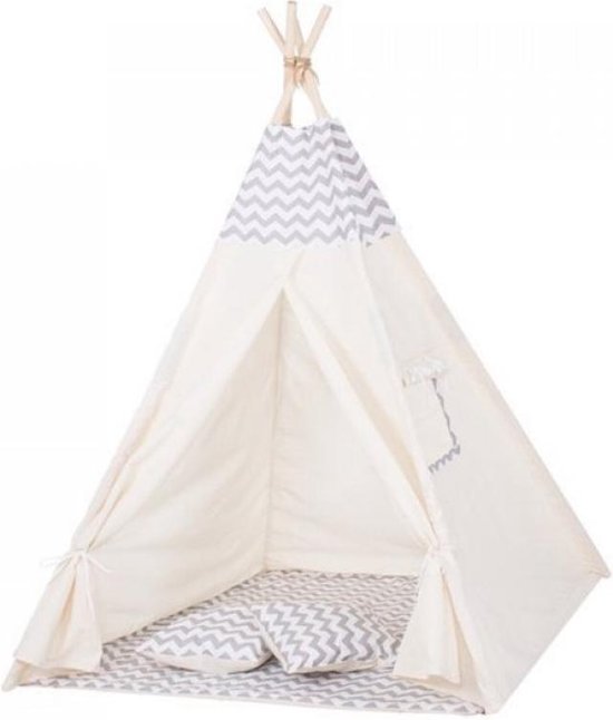 Springos Tipi Tent | Wigwam Speeltent | 120x100x180 cm | Met Mat en Kussens | Naturel Grijs | Golven