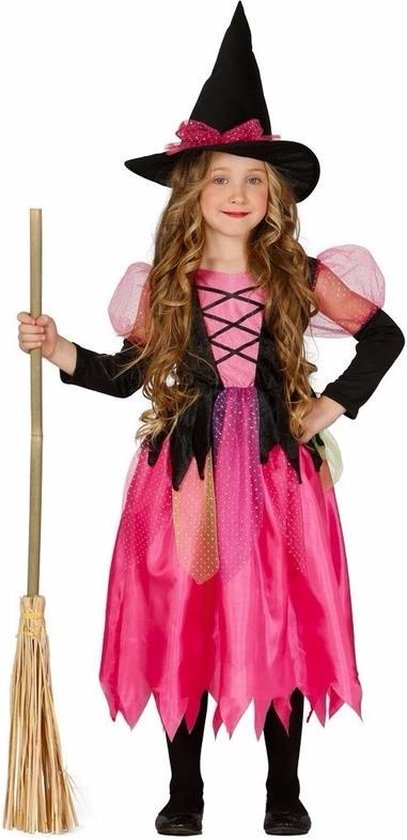 Halloween - Roze heksen kostuum / outfit Shiny Witch voor meisjes - Heksenjurk verkleedkleding 122/134