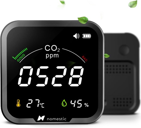 Nomestic® CO2 Meter & Hygrometer voor Binnen – CO2 Melder met Thermometer & Luchtvochtigheidsmeter – Zelfkalibrerende NDIR sensor