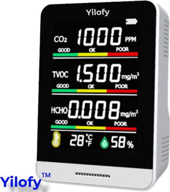 YILOFY Professionele 5 in 1 Luchtkwaliteitsmeter Hygrometer CO2 Meter Horeca Draagbaar LCD Scherm Monitor CO2 - Luchtvochtigheidsmeter Sensor - Melder - Temperatuur - Thermometer Binnen Buiten - Oplaadbaar + USB Kabel