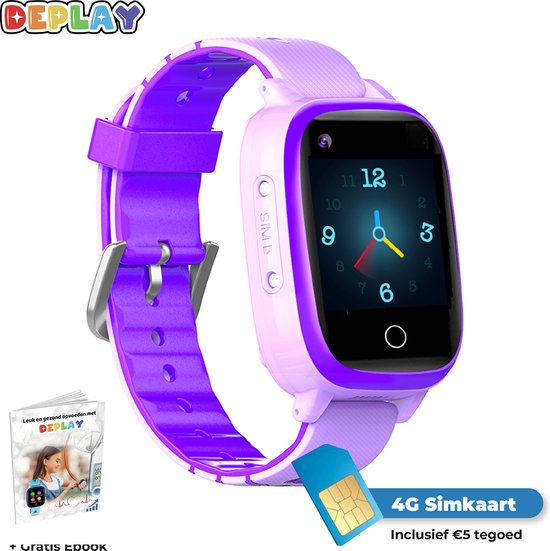 DEPLAY 4G KidsWatch - Smartwatch Kinderen - GPS Tracker - Hartslag en Bloeddrukmeter- Videobellen - Camera - (Spat)Waterproof - E-Book - Paars