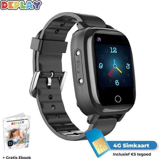 DEPLAY 4G KidsWatch - Smartwatch Kinderen - GPS Tracker - Hartslag en Bloeddrukmeter- Videobellen - Camera - (Spat)Waterproof - E-Book - Zwart