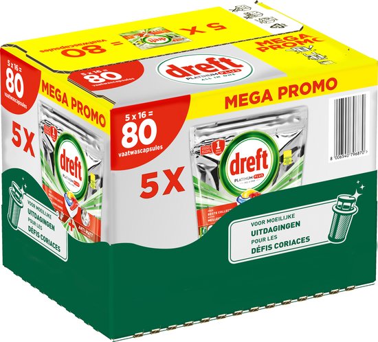 Dreft Platinum Plus All In One - Vaatwastabletten - Citroen - Voordeelverpakking 5 X 16 stuks