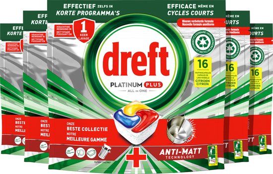 Dreft Platinum Plus All In One - Vaatwastabletten - Citroen - Voordeelverpakking 5 x 16 stuks