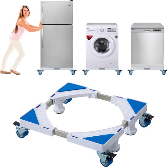 OMEVA® Wasmachine Verhoger met Wielen- Verhoging voor Wasmachine - Vaatwasser Koelkast Vriezer en Droger - Inclusief 4 Dempers - Verstelbaar - Maximaal 300 kg - Wit