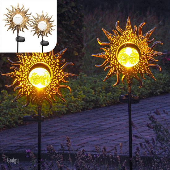 Gadgy Solar Tuinfakkel Zon met grondspies - Tuinsteker Set van 2 st. - Tuinfakkels 103CM Hoog - Tuinverlichting op zonneenergie buiten - Led buitenverlichting met sensor - Brons kleurig Metaal