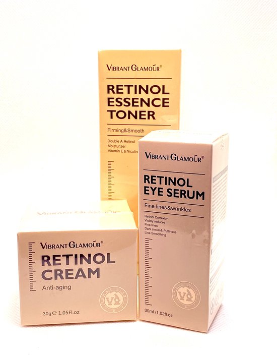 VIBRANT GLAMOUR Retinol- set van Retinol toner - Gezichtscreme en retinol serum - Complete Retinol Set - Anti-Aging - Rimpels Verwijderen - Tegen donkere kringen - Serum - Dag en Nacht Crème - Huidverzorging