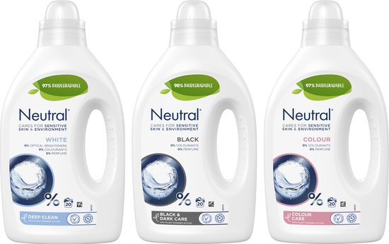 Neutral Neutral Wasmiddel Pakket parfumvrij en hypoallergeen Wit + Zwart + Kleur zorgt voor de gevoelige huid én voor het milieu (1+1+1) x 20 wasbeurten