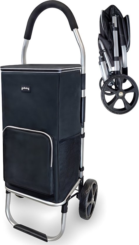 Goliving Boodschappentrolley - 50L - Boodschappenwagen met Zijvakken en Koelvak - Opvouwbaar - Weerbestendig - Roestvrij Aluminium - Boodschappenkar met Wielen - Zwart