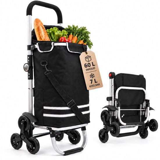 Latium Boodschappentrolley 60L met Koelvak - Traploper - Boodschappenkar Opvouwbaar - Afneembare Tas - 3 Wielen - Steekwagenfunctie - Zwart