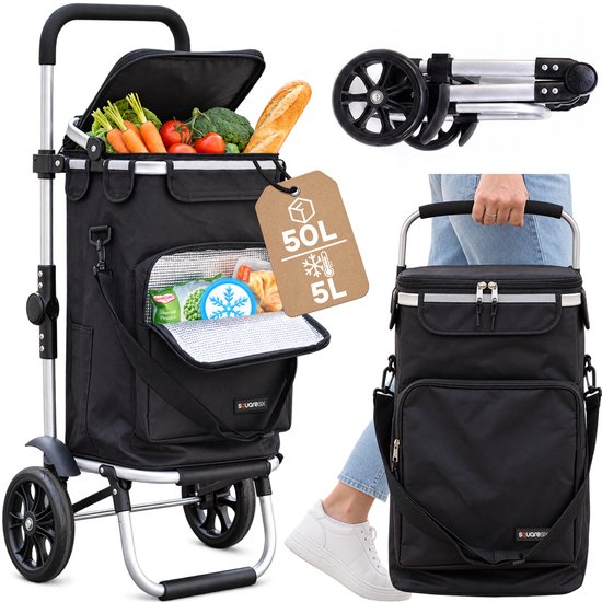 SquareSix Boodschappentrolley 50L met Koelvak - Boodschappenkar - Winkeltrolley Opvouwbaar - Afneembare Tas - Steekwagenfunctie - Zwart