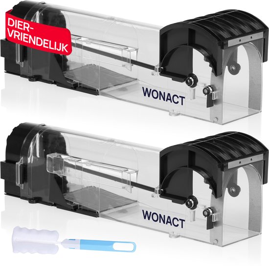 Wonact Diervriendelijke Muizenval voor binnen & buiten - 2 Stuks - Muizenvallen - Muizenverjager - Mouse trap - Met Schoonmaakborstel - Muizengif alternatief - Transparant - Groot model met beweegruimte