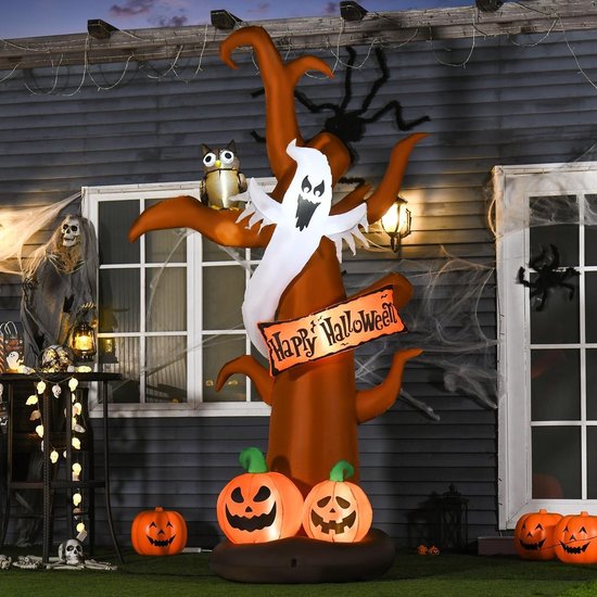 Opblaasbare pompoenboom met spook en uil