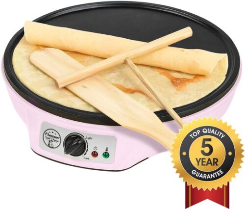 Bestron Pannenkoekenmaker - ASW602P - 1000W - Crêpemaker - 30cm - Roze - Incl houten stapel en verdeler - 5...