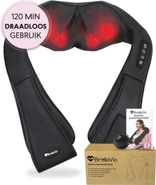 BrellaVio XL Draadloos Massage Kussen + Massagebal - Warmte Functie en Rugsluiting voor Handsfree Gebruik - Shiatsu Apparaat voor Nek/Schouder/Rug/Voeten