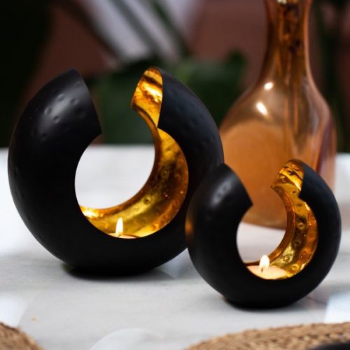Gadgy Waxinelichthouder Rond - Theelichthouder Set van 2 - 17&12.5CM - Tafel Decoratie - Metaal - Zwart / Goud -...