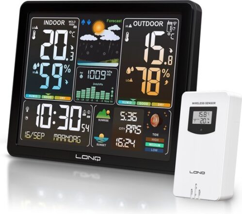LONQ Weerstation Binnen en Buiten - 18 Functies - Draadloos Weerstation met Buitensensor - Thermometer Hygrometer - Kleurendisplay - DCF...