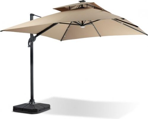 MaxxGarden Zweefparasol Napels - Luxe - Met LED solar - 300cm vierkant - inclusief voet en hoes - Taupe